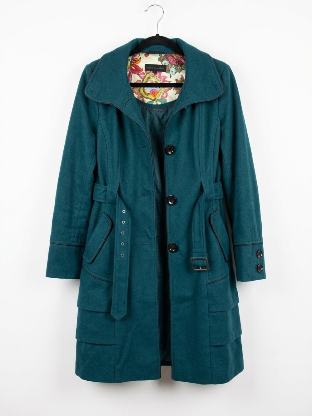 Steve Madden Teal Wool Blend Belted Trench Coat with Floral Lining